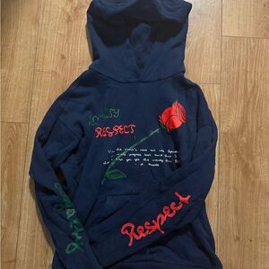 Navy Hoodie with Red and Green Accents